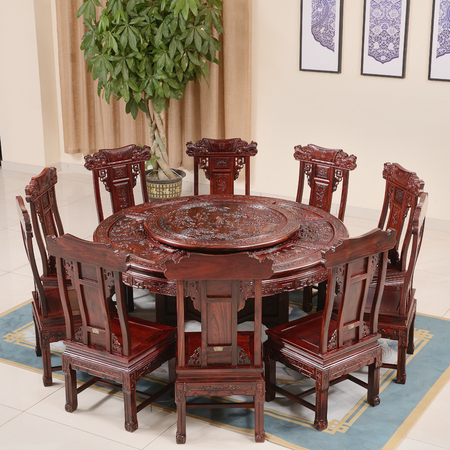 印尼黑酸枝圆餐桌 阔叶黄檀红木圆台餐桌椅组合