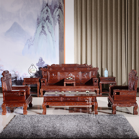 老挝红酸枝财源滚滚沙发巴里黄檀中式实木仿古客厅组合沙发花枝木